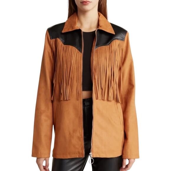 WeWoreWhat Jackets & Blazers - WeWoreWhat Fringe Western Faux Suede Jacket Acorn Brown and Black Medium NWT